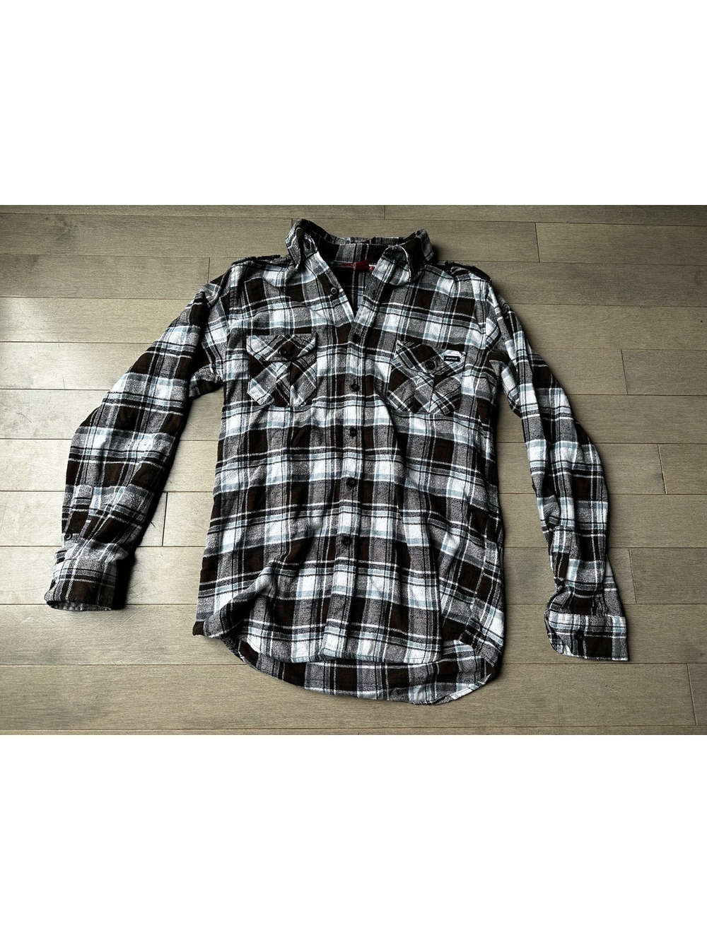 Montage Men's Brown and White Plaid Button Down Flannel Fall Long Sleeve Shirt S